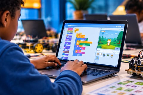 Illustration of a young person typing at a laptop that shows block-coding blocks and a cartoon character, with a small robot on the desk.