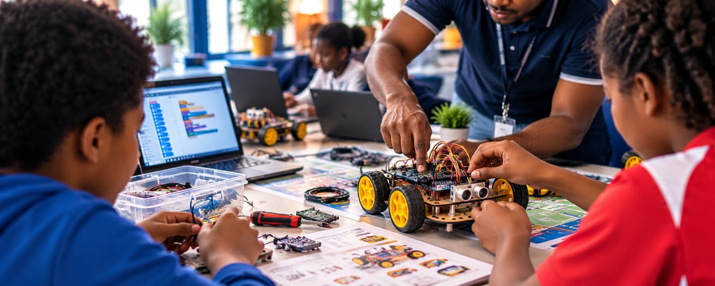 Illustration of a group of young people and an adult building a small wheeled robot together at a long table, with laptops showing block code.