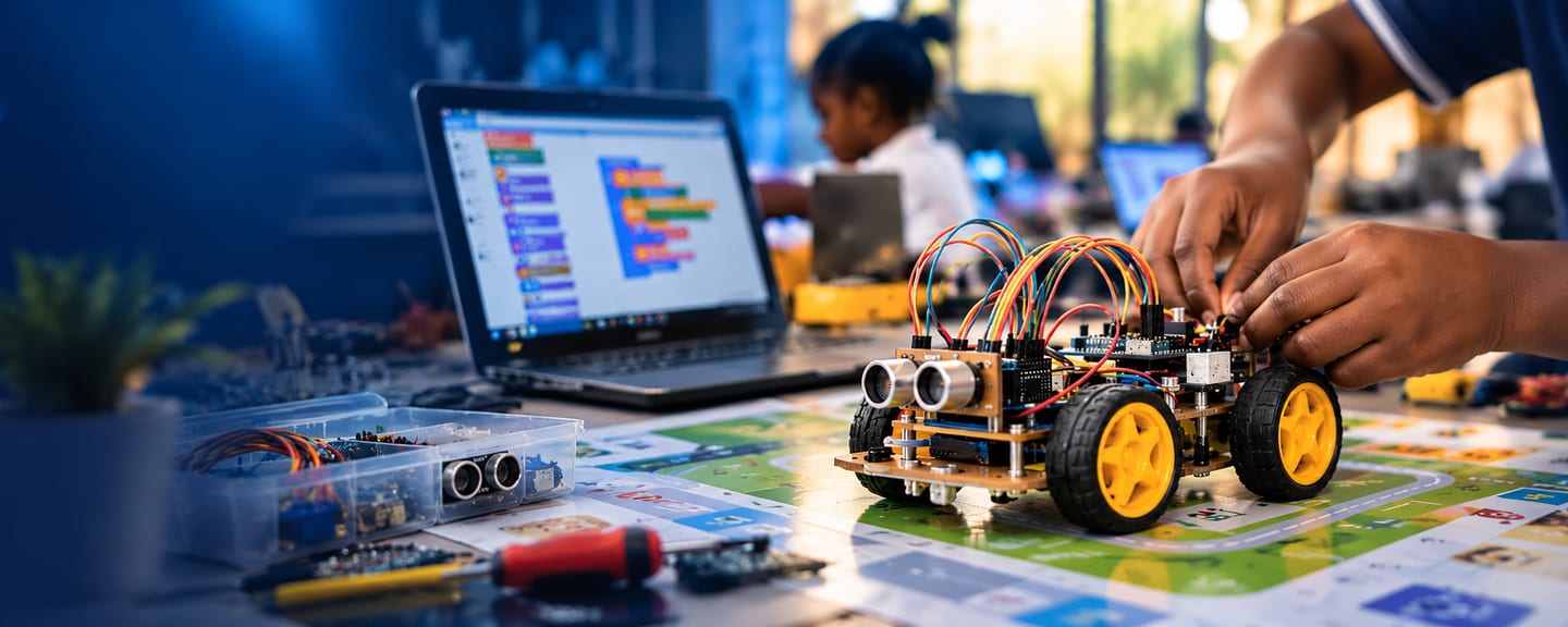 Illustration of a young person’s hands wiring a small wheeled robot on a workshop table, beside a laptop showing block coding.