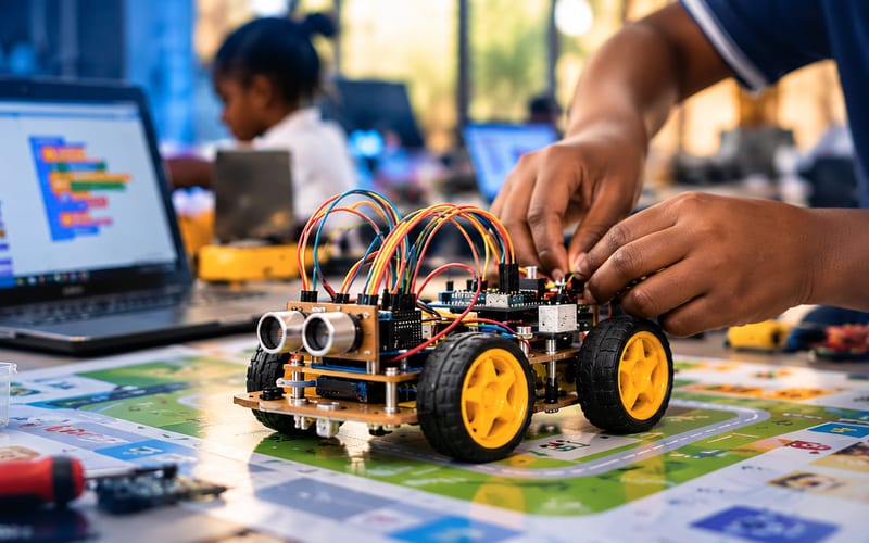 Illustration of a young person’s hands wiring a small wheeled robot on a workshop table, beside a laptop showing block coding.