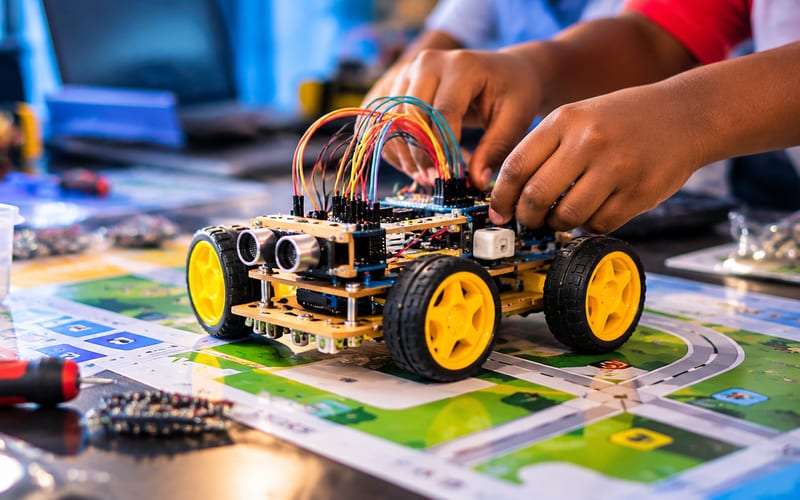 Illustration of hands connecting wires on a wheeled robot at a workshop table, with tools and electronic parts around it.
