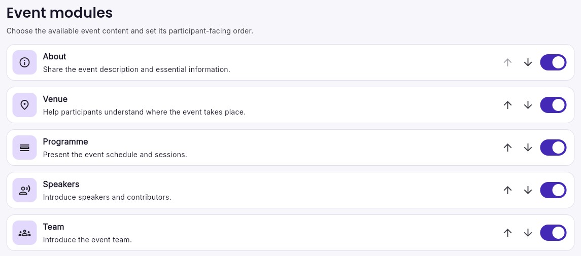 CONVERO organiser dashboard event modules: About, Venue, Programme, Speakers and Team switched on, with controls to reorder them for participants