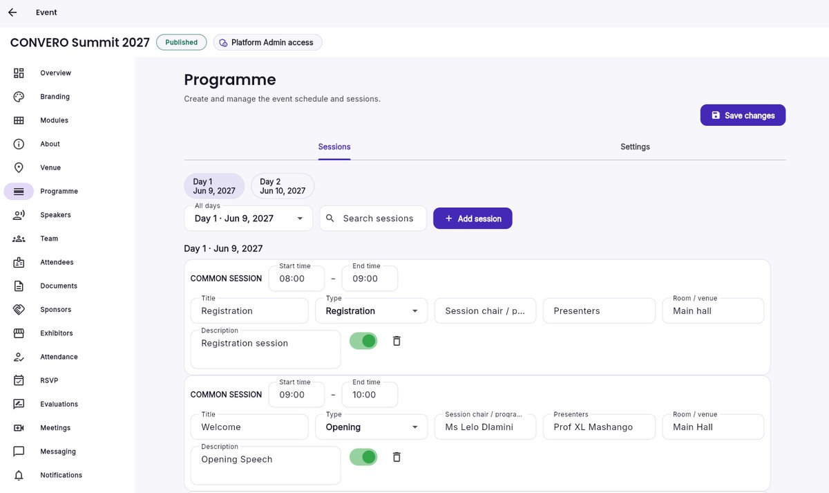 CONVERO organiser dashboard programme management: sessions for Day 1 with start and end times, titles, session types, presenters and rooms, plus an Add session button
