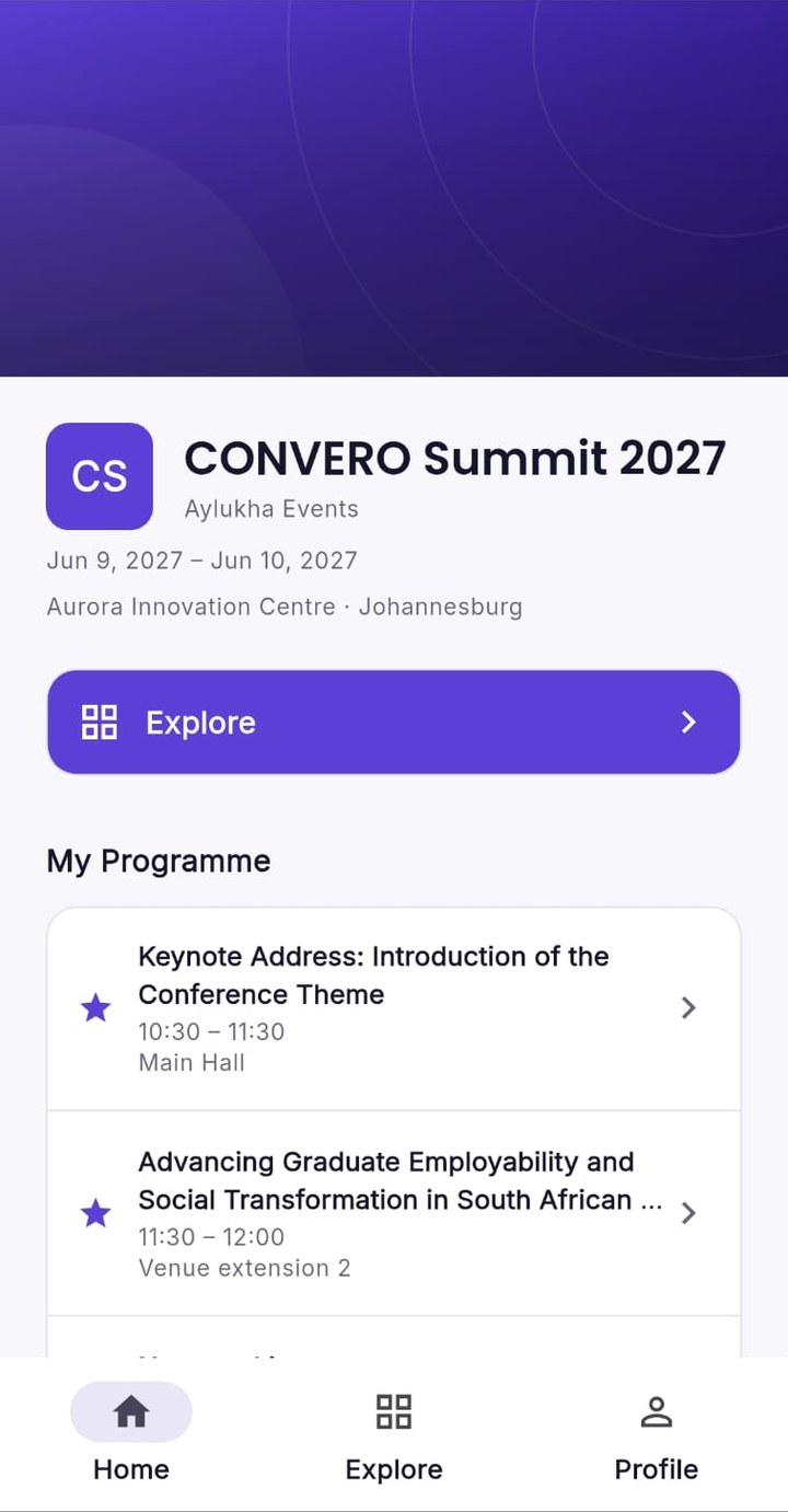 CONVERO participant app home screen for the same event, with an Explore button and the participant's followed sessions under My Programme