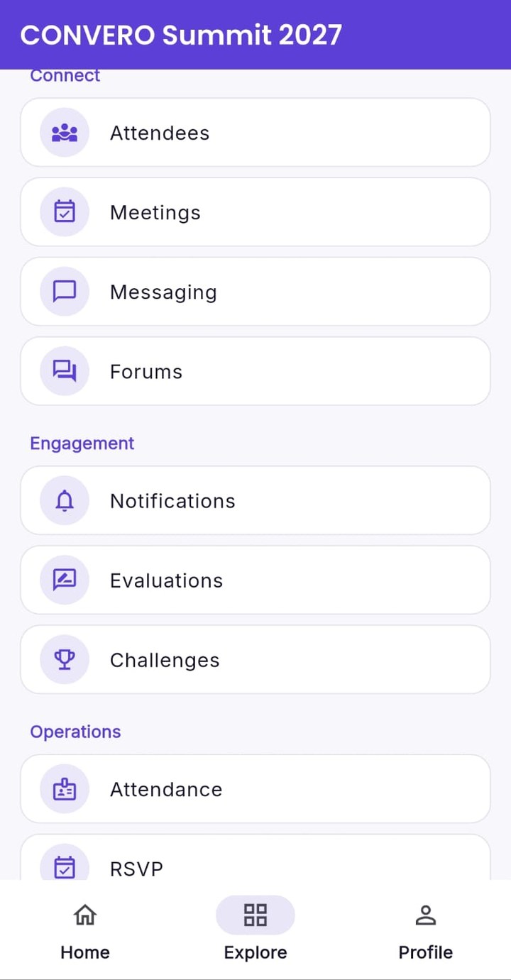 CONVERO app Explore menu listing Connect, Engagement and Operations modules: attendees, meetings, messaging, forums, notifications, evaluations, challenges, attendance and RSVP