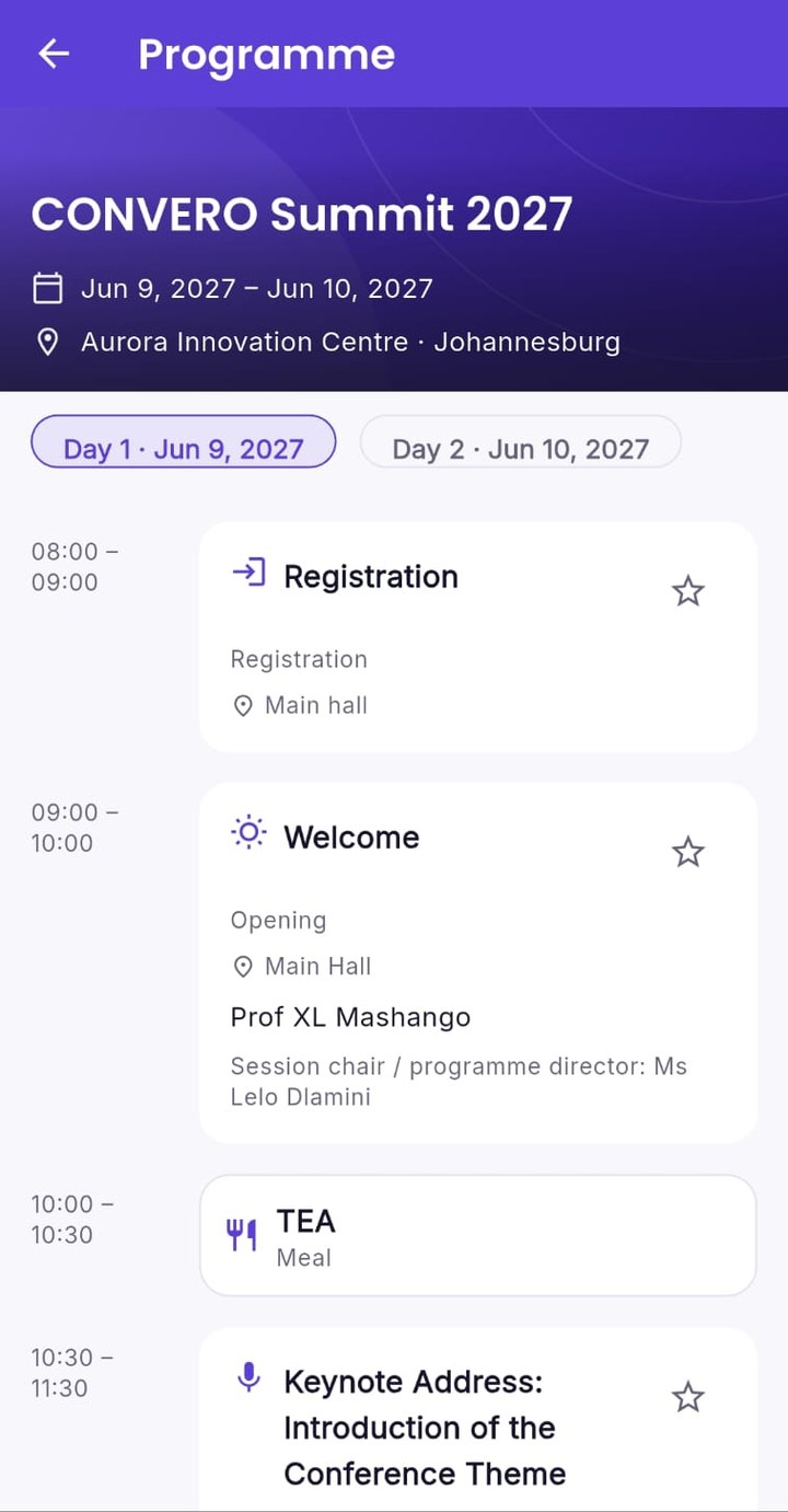 CONVERO app programme screen showing Day 1 sessions with times, rooms, presenters and follow stars
