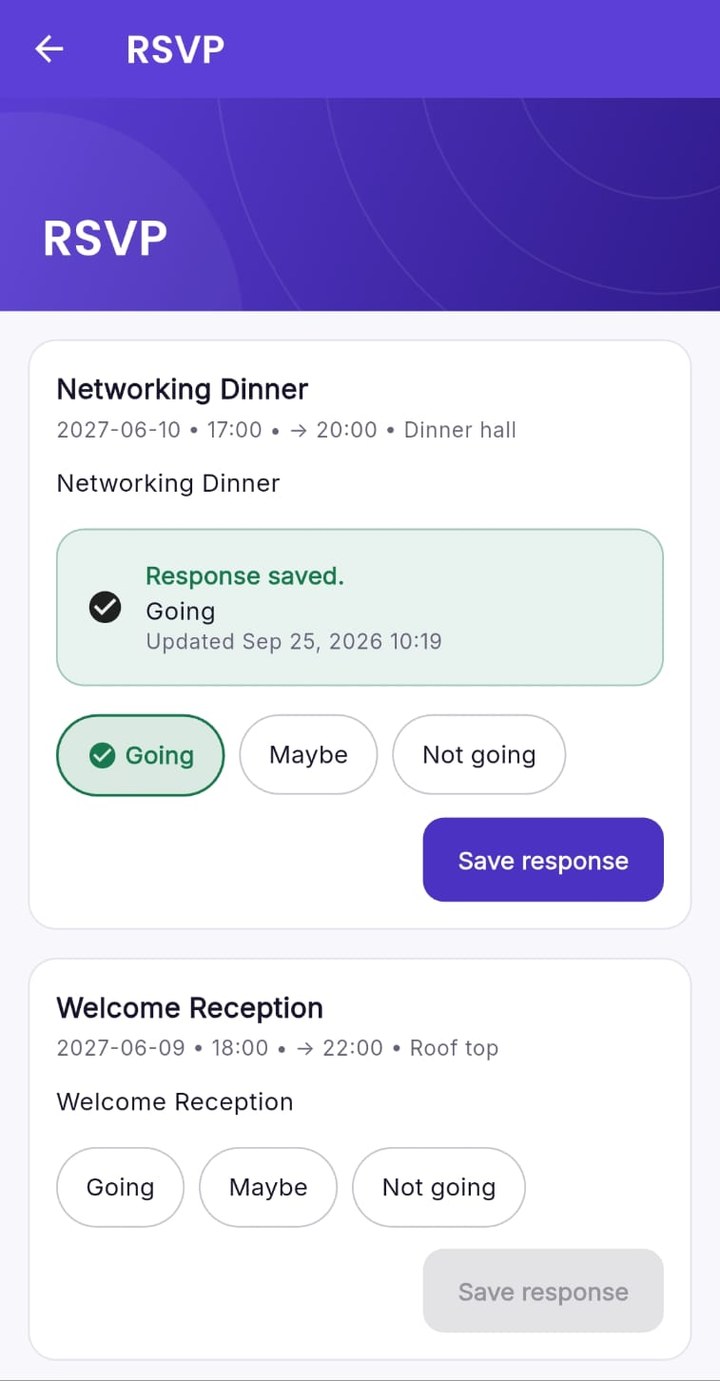 CONVERO app RSVP screen with a saved Going response for the Networking Dinner and Going, Maybe or Not going options for the Welcome Reception