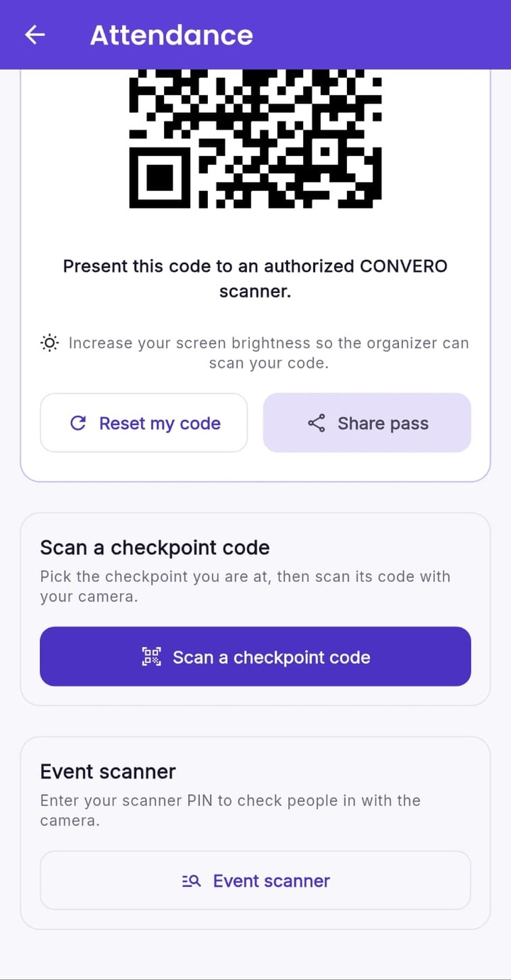 CONVERO app attendance options: scan a checkpoint code with the camera, or open the event scanner with a scanner PIN