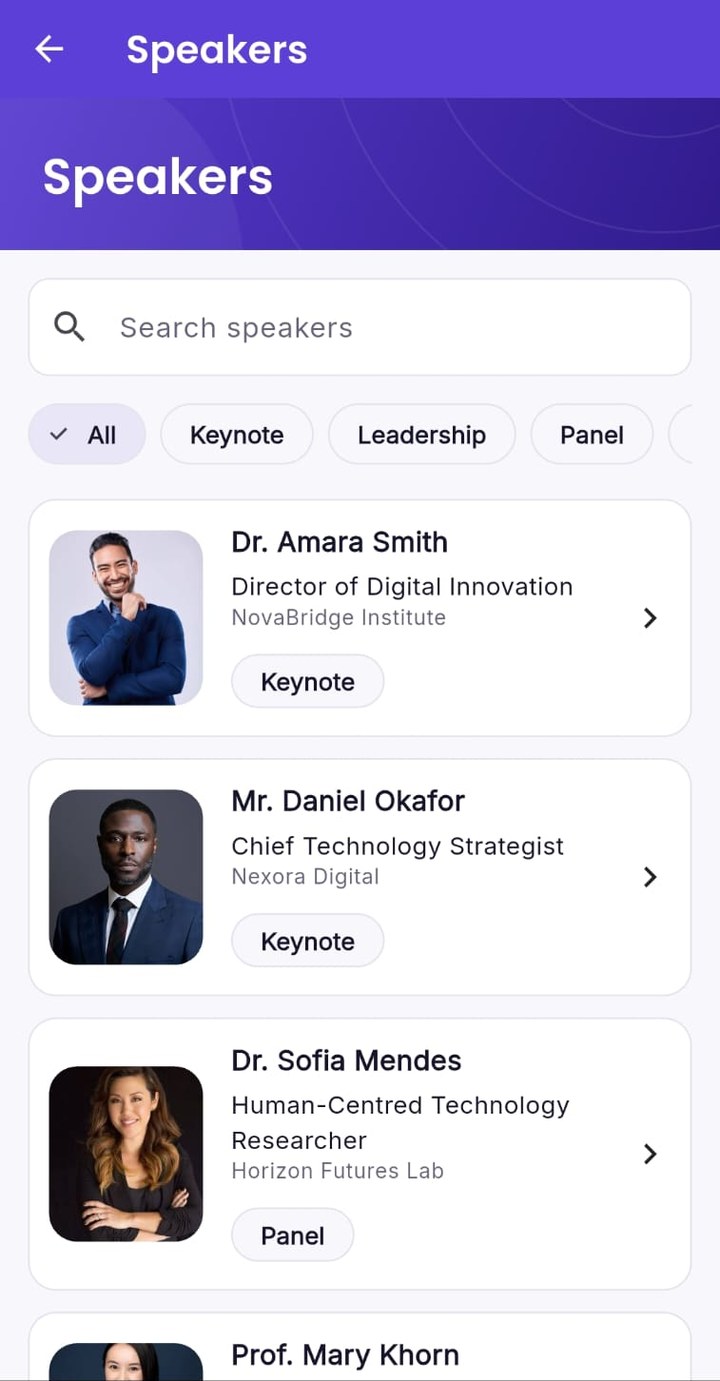 CONVERO app speakers screen with search, category filters and speaker profiles