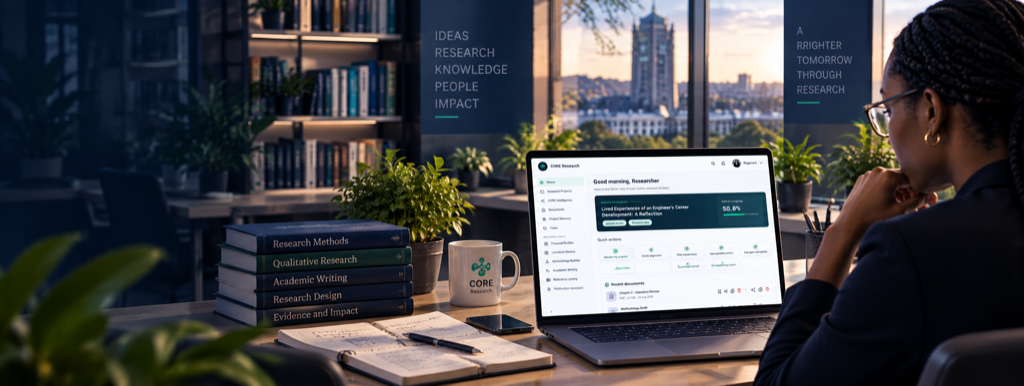 CORE research platform dashboard showing research projects, workspace and AI assistant
