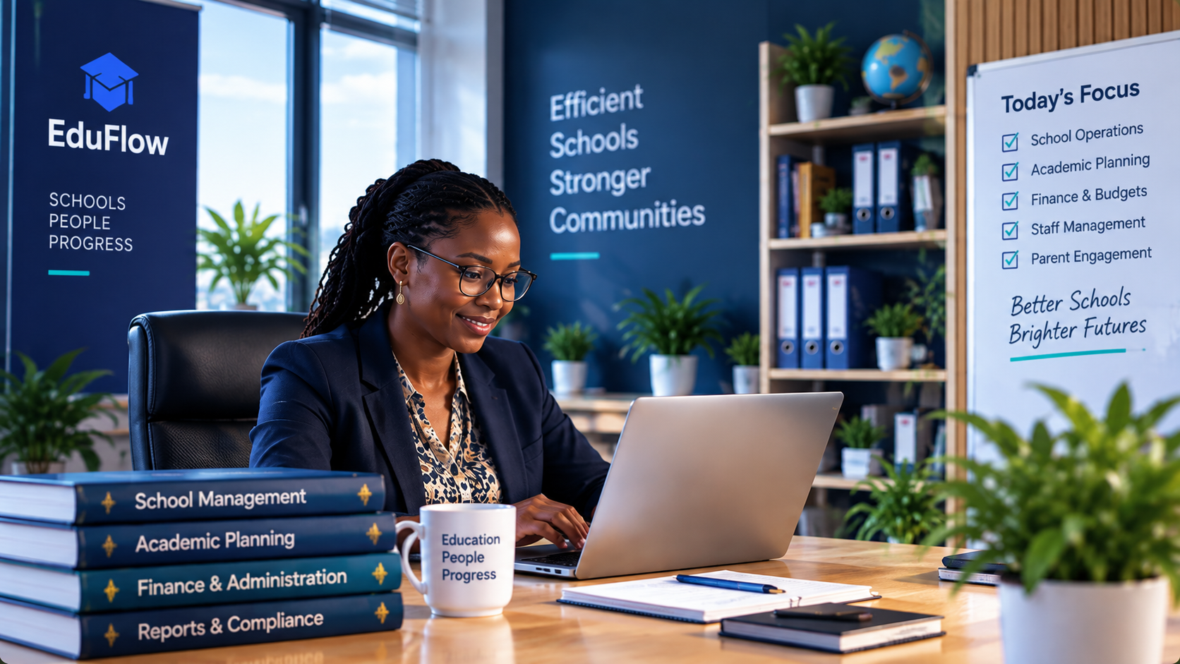 EduFlow school administration workspace covering school operations, academic planning and finance