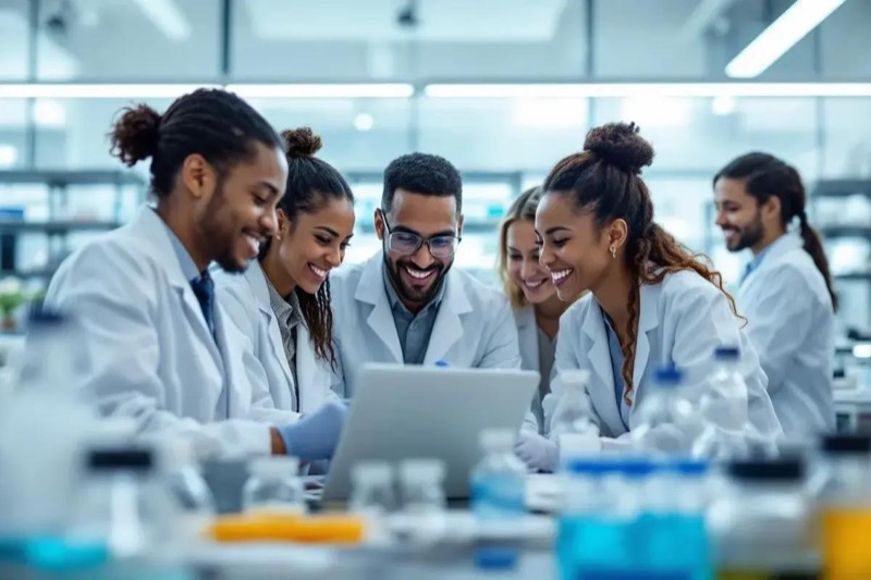Group of researchers collaborating in an academic setting